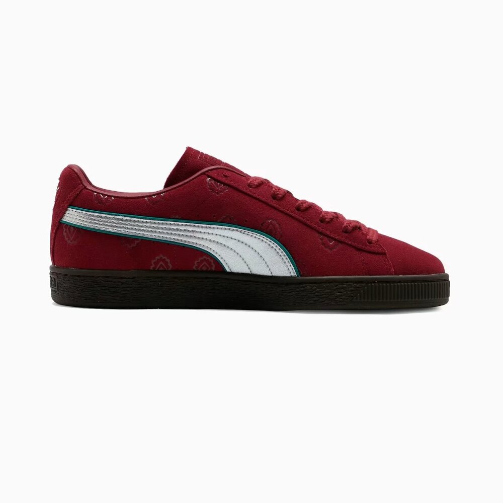 Puma x One Piece Suede "Shanks" Grade School shoe in a red and silver colorway.